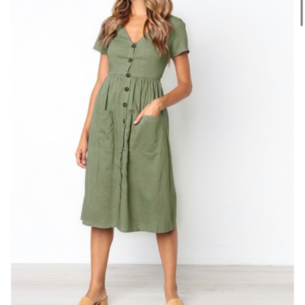 Buttoned V-Neck Dress with Pockets
